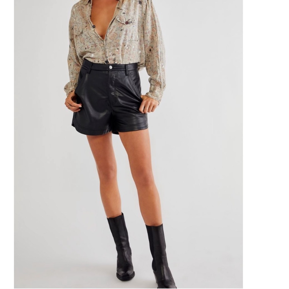 Free People Black High Waist Leather Shorts